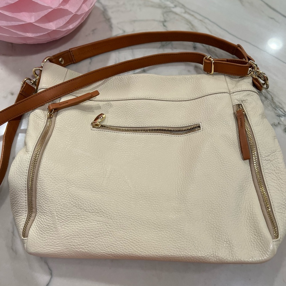 Valentina leather satchel/purse color cream and tan straps . Handles - Picture 4 of 15